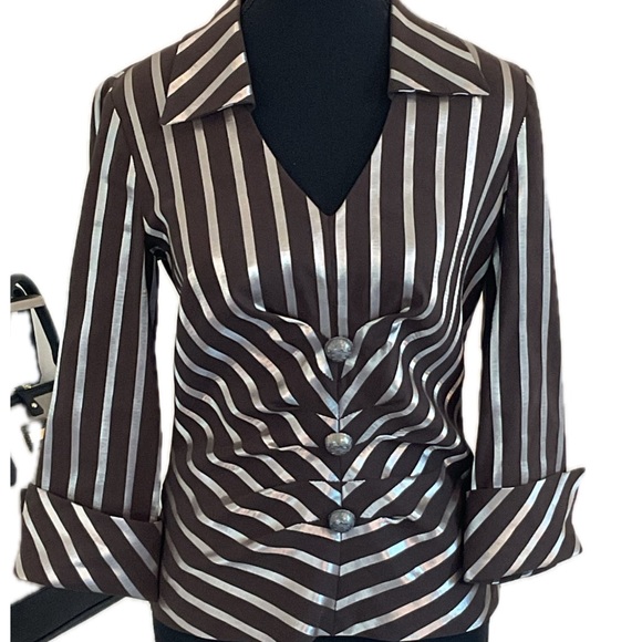 Joseph Ribkoff Tops - Joseph Ribkoff Brown and White Buttoned Blouse with Notched Collar